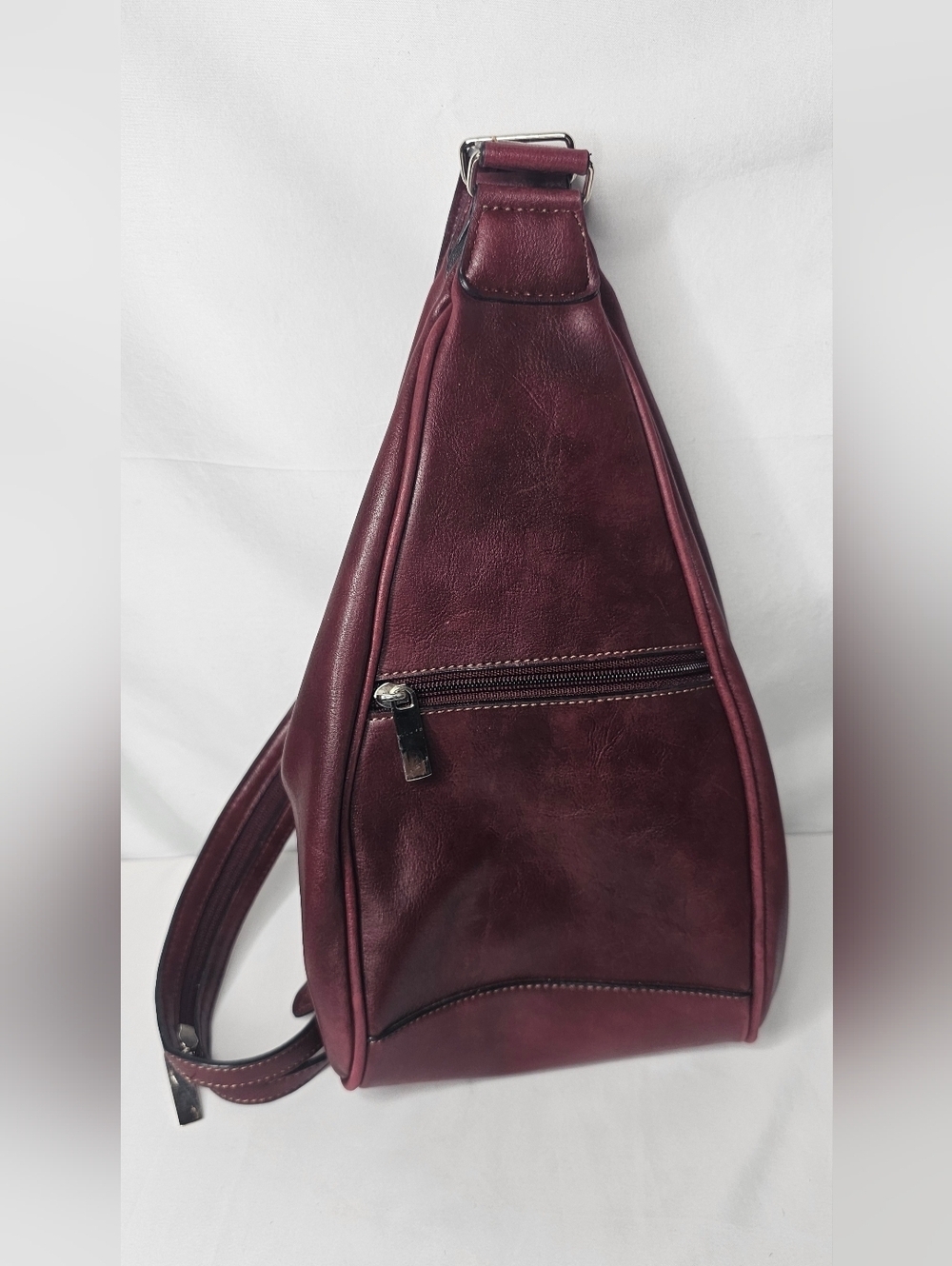 Rina Rich Burgundy Leather Teardrop Sling Backpack Convertible Zipper Strap Bag